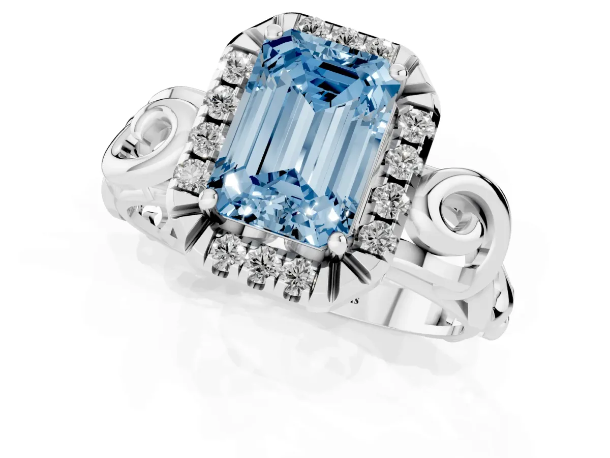 Fancy Blue Emerald Cut Cut Halo Diamond Ring with Scrollwork Band and Four-Prong Setting Silver