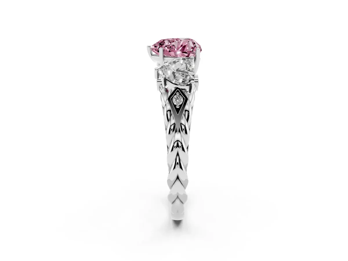 Fancy Pink Three-Stone Heart Cut Diamond Braided Band Ring with Four-Prong Setting Platinum