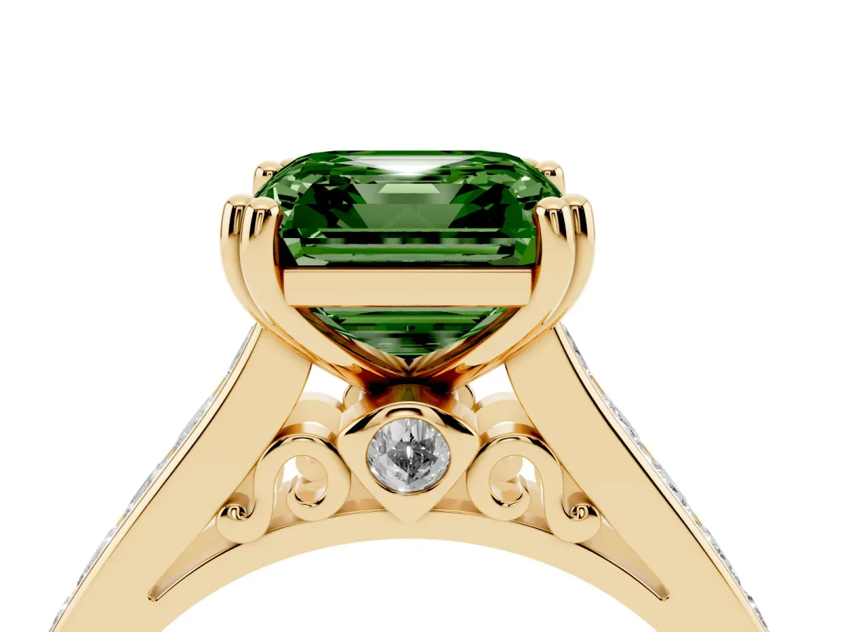 Fancy Green Asscher Cut Cut Channel Set Solitaire Engagement Ring with Prong Setting Yellow gold
