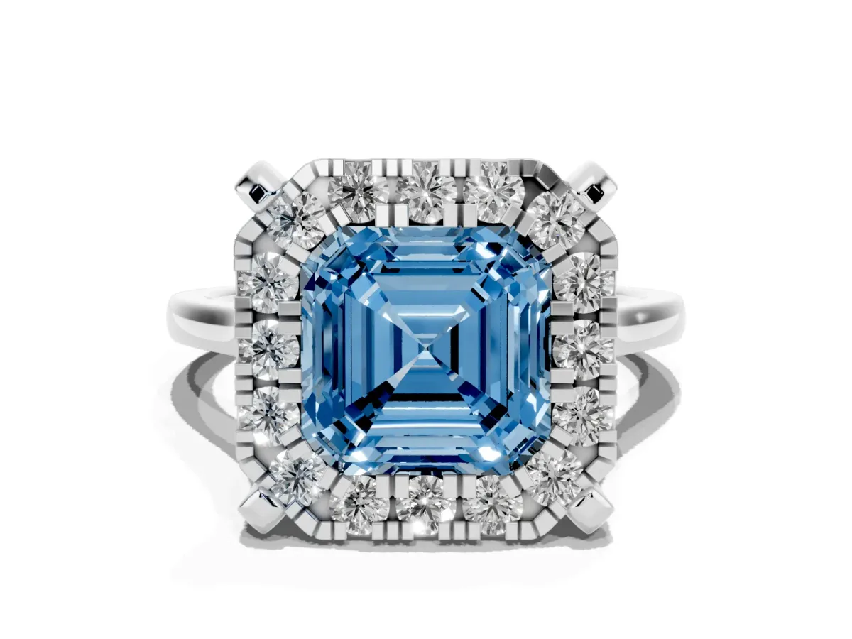 Fancy Blue Asscher Cut Diamond Cluster Halo Solitaire with Four-Prong Setting Silver