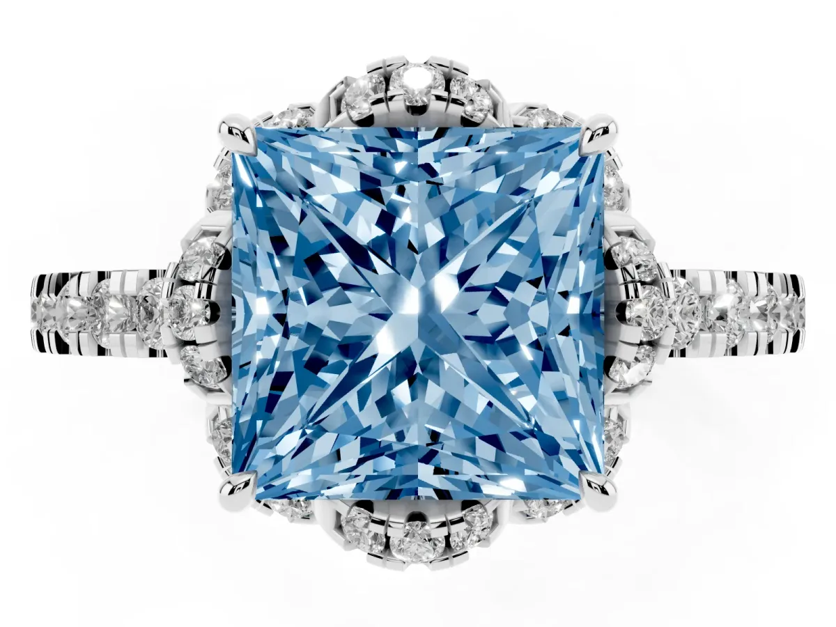 Fancy Blue Princess Cut Halo Diamond Pave Band Ring with Four-Prong Setting Platinum