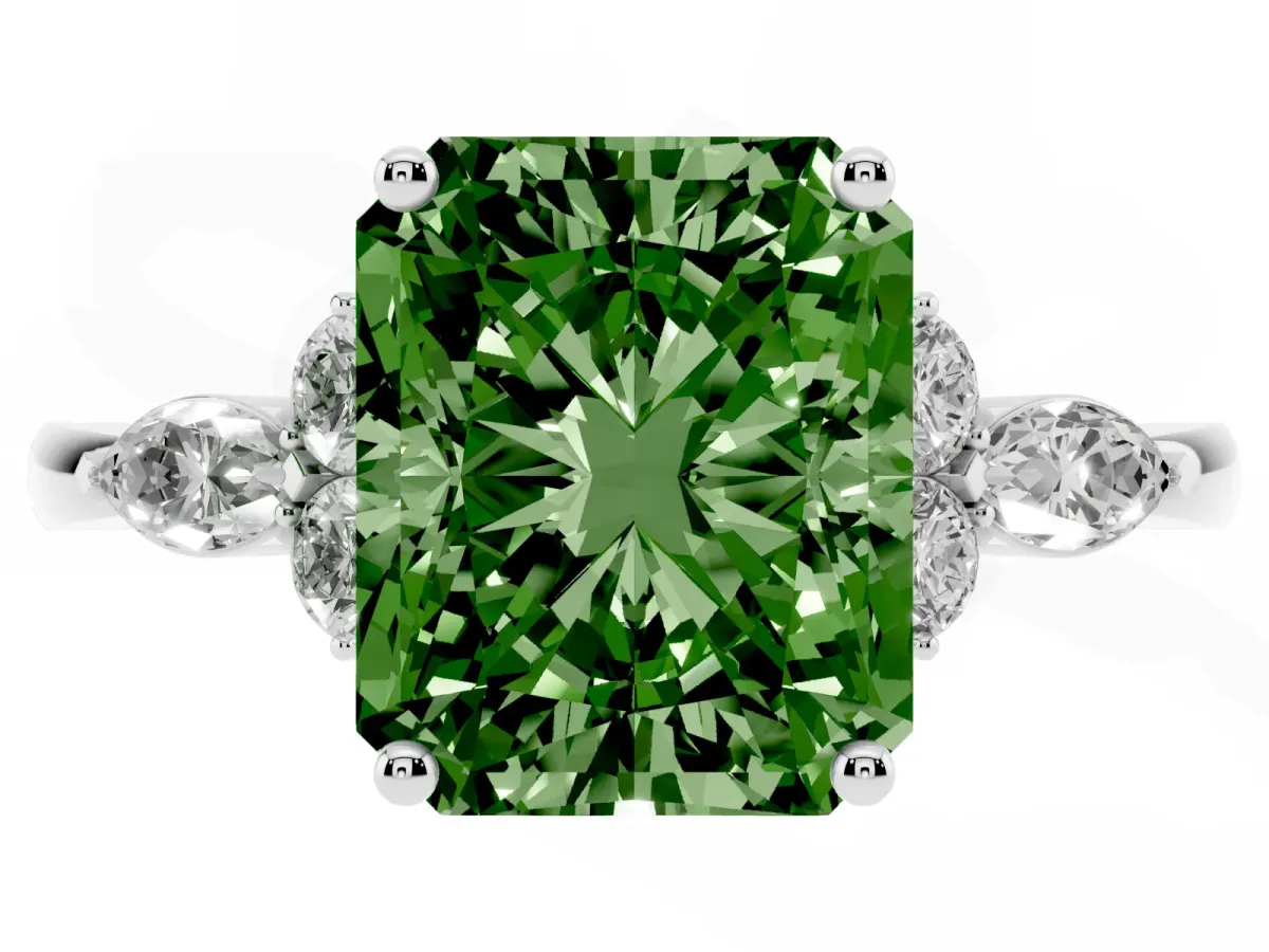 Fancy Green Radiant Cut Brilliant Diamond Solitaire Ring with Pear Side Stones and Four-Prong Setting Platinum