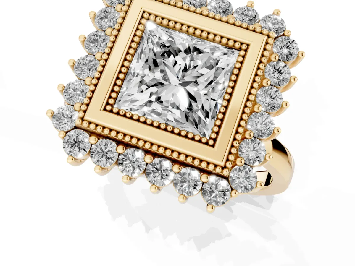Princess Cut Halo Diamond Ring with Milgrain Edge and Round Prong Setting Yellow gold