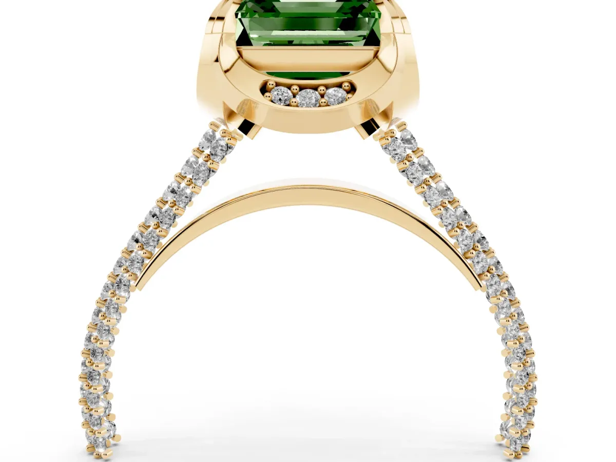 Fancy Green Asscher Cut Solitaire Pave Split Shank Ring with Four-Prong Setting Yellow gold