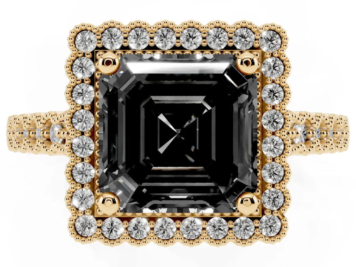Fancy Black Asscher Cut Cut Halo Pavé Solitaire Ring with Milgrain Band Yellow gold