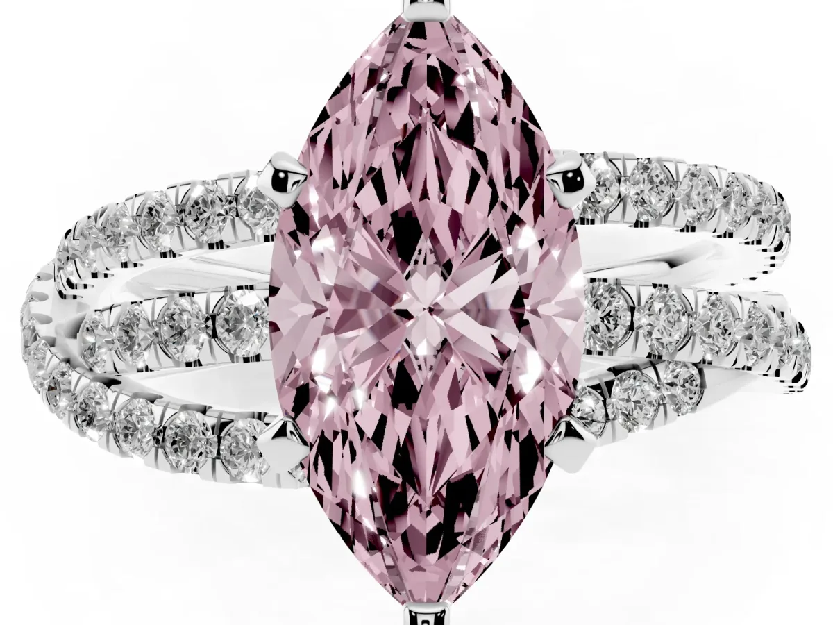 Fancy Pink Marquise Cut Solitaire Twist Band with Pavé Setting and Four-Prong Setting Silver