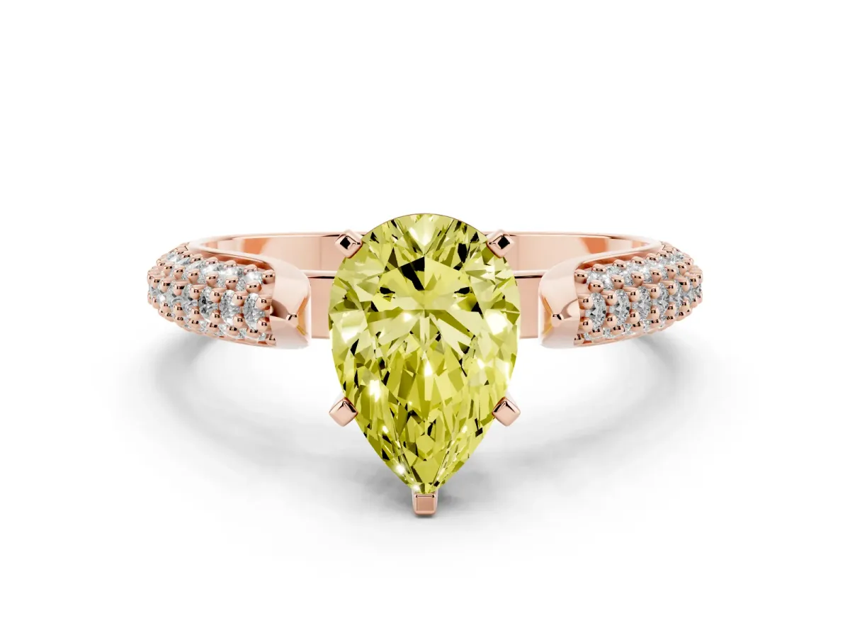 Fancy Yellow Pear Cut Diamond Solitaire Engagement Ring with Multi-Row Round Pavé Band and Prong Setting Rose gold