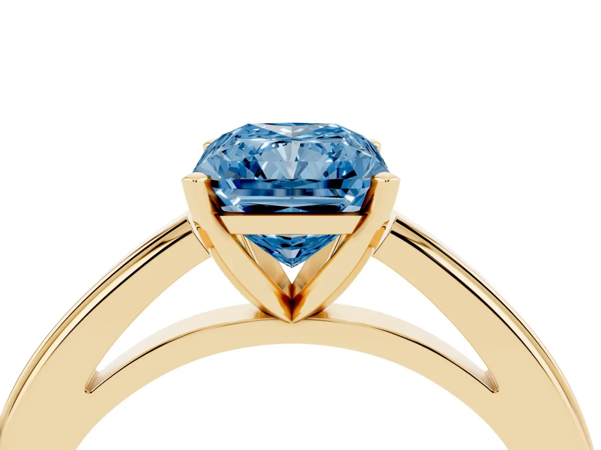 Fancy Blue Radiant Cut Solitaire Diamond Ring with Four-Prong Setting and Classic Band Yellow gold