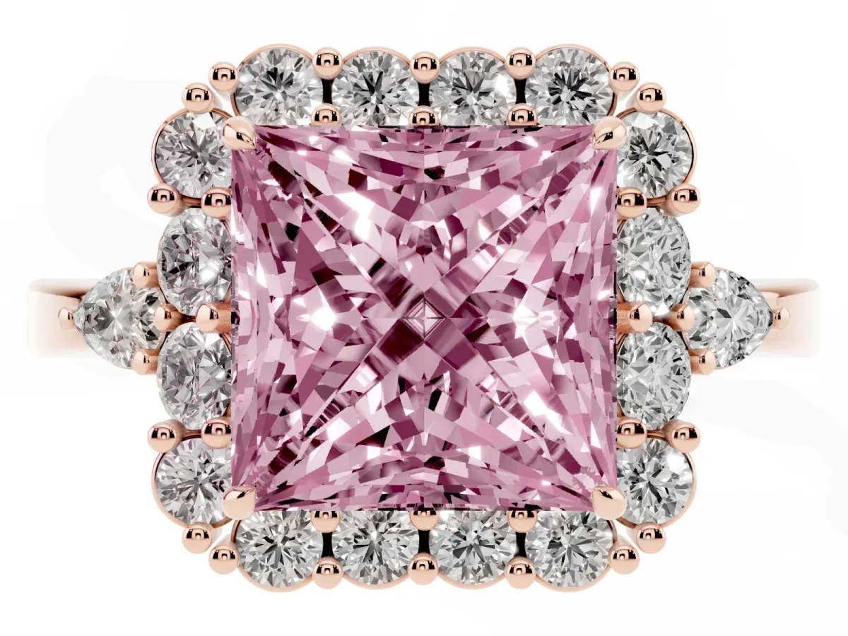 Fancy Pink Princess Cut Diamond Halo Ring with Pear Side Stones and Prong Setting Rose gold