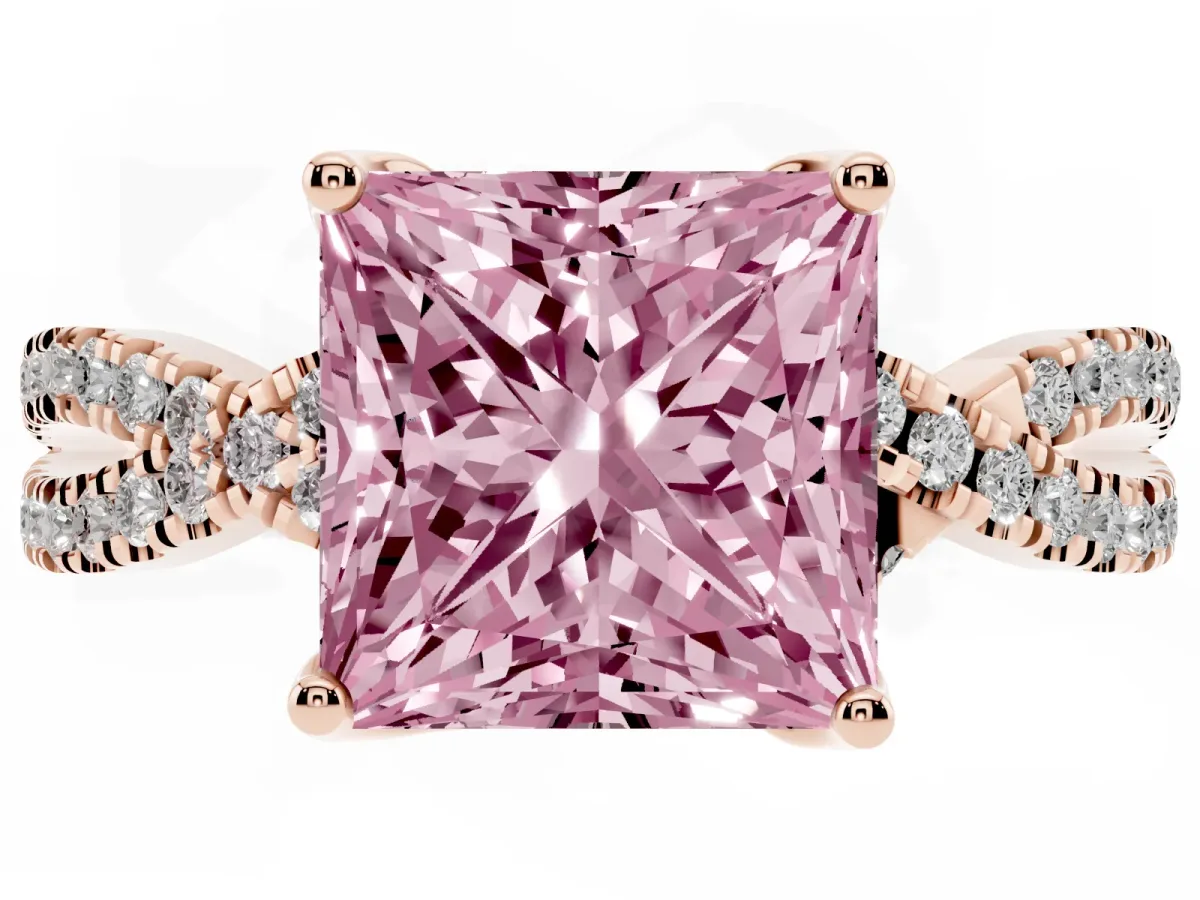 Fancy Pink Princess Cut Solitaire Twist Pave Diamond Engagement Ring with Prong Setting Rose gold