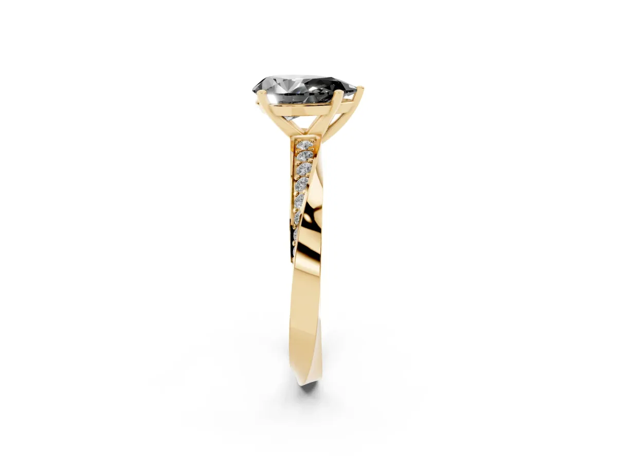 Fancy Black Pear Cut Diamond Engagement Ring with Side Stone Accents and Four-Prong Setting Yellow gold