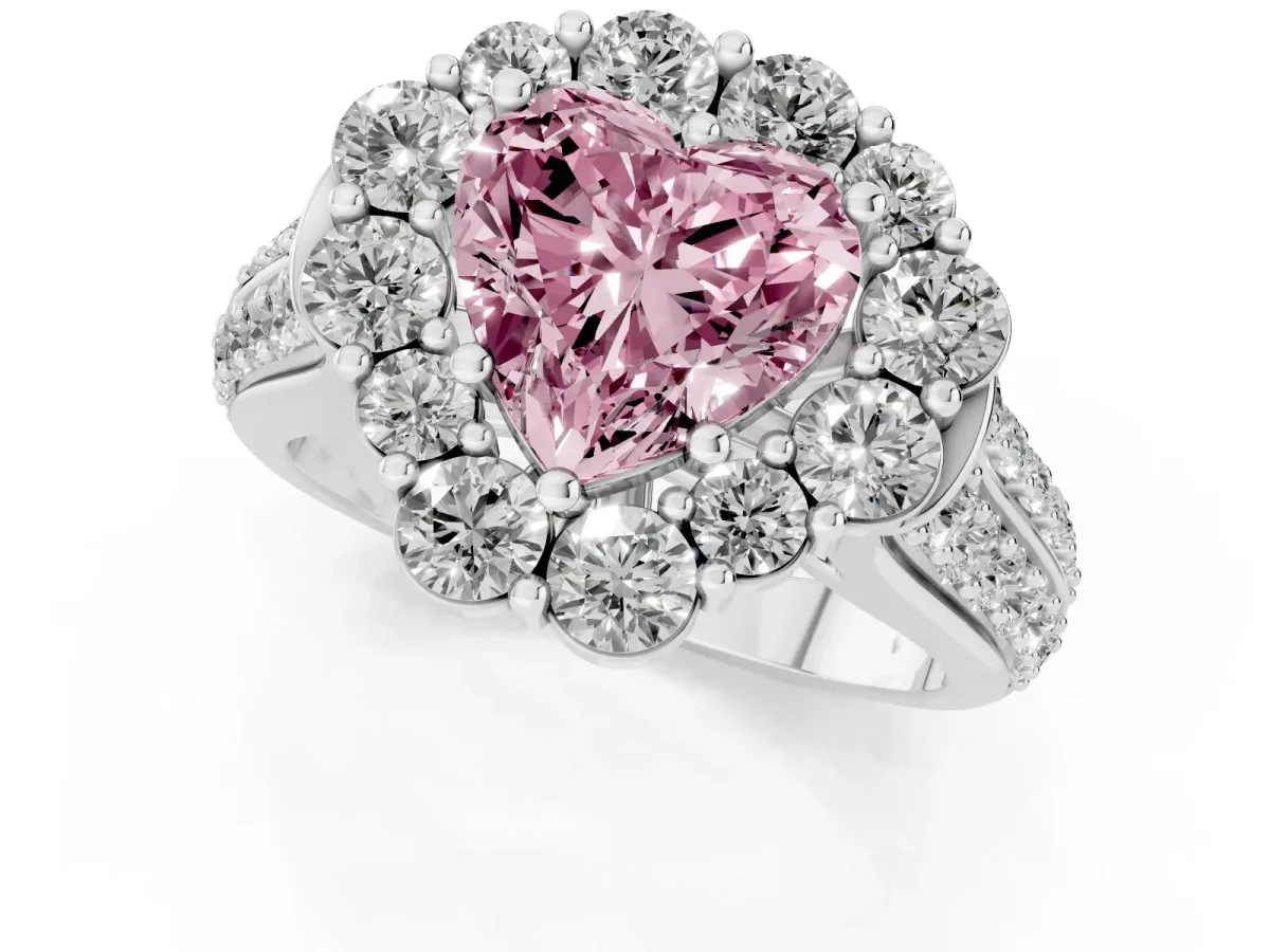Fancy Pink Heart Cut Halo Diamond Engagement Ring with Split Shank and Prong Setting Silver
