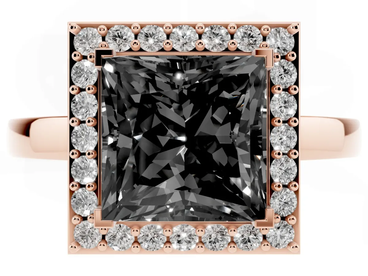Fancy Black Princess Cut Halo Diamond Ring with Solitaire Band and Prong Setting Rose gold