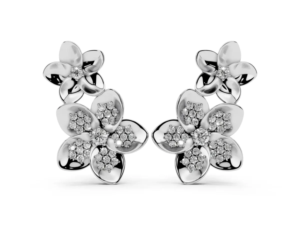 Round Diamond Plumeria Climber Earrings White gold