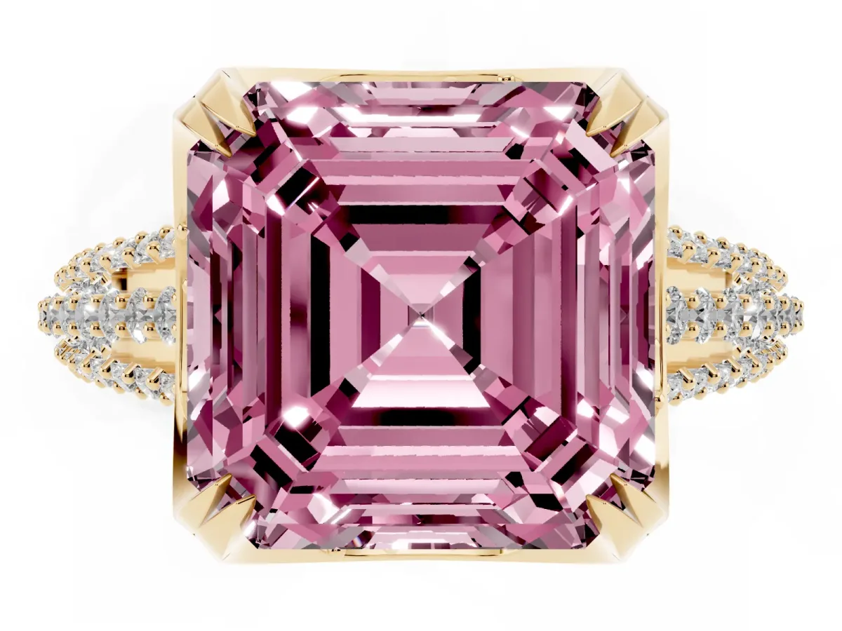 Fancy Pink Asscher Cut Solitaire Pave Split Shank Ring with Four-Prong Setting Yellow gold