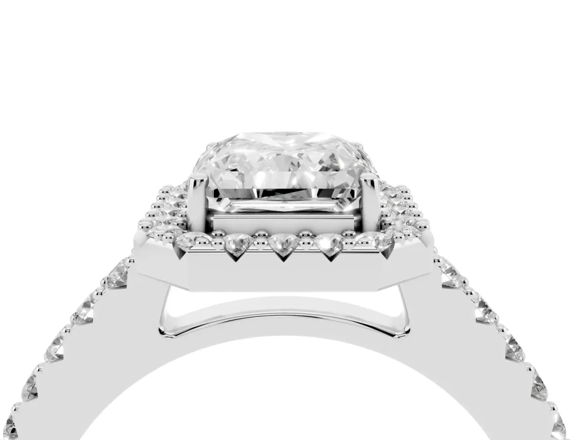Radiant Cut Halo Diamond Pavé Solitaire Ring Silver