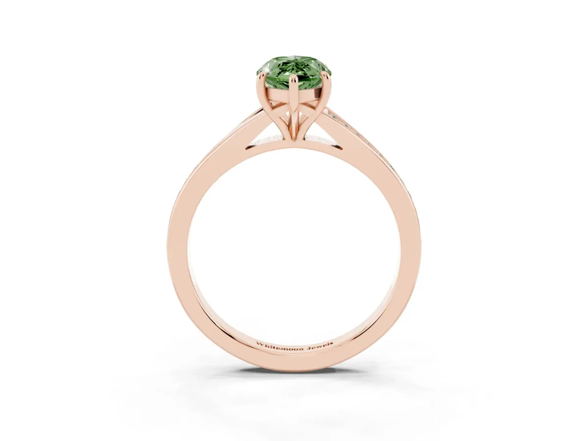 Fancy Green Marquise Cut Diamond Solitaire Ring with Pavé Band and Prong Setting Rose gold