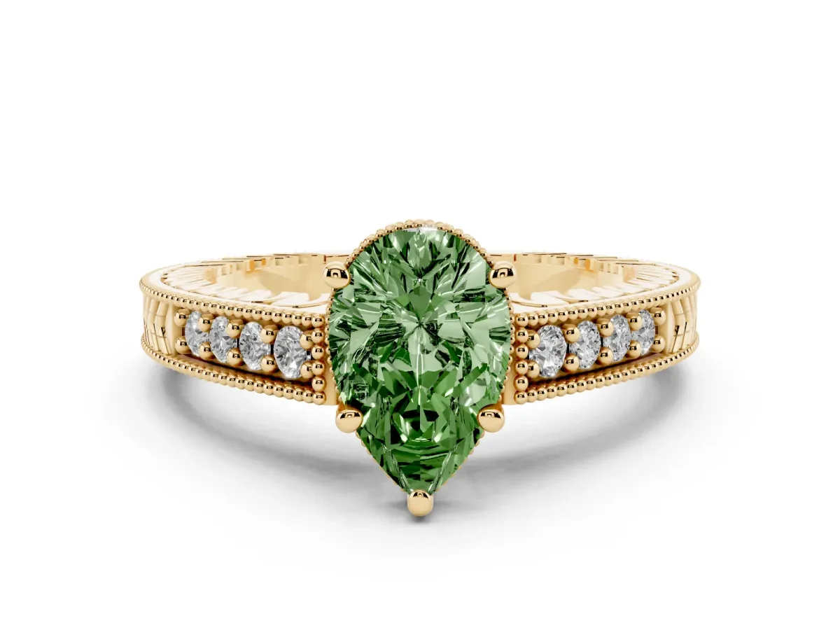 Fancy Green Pear Cut Solitaire Pavé Diamond Milgrain Engagement Ring with Four-Prong Setting Yellow gold