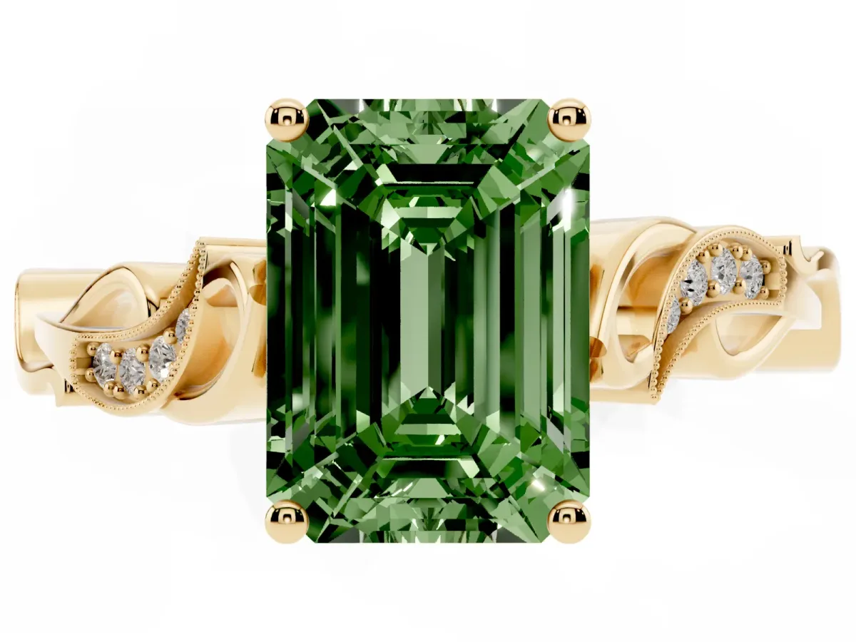 Fancy Green Emerald Cut Solitaire Vine Band with Milgrain Prong Setting Yellow gold
