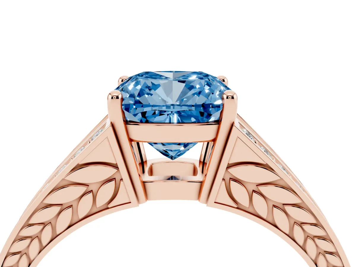 Fancy Blue Cushion Cut Diamond Split Shank Ring with Pavé Band and Four-Prong Setting Rose gold