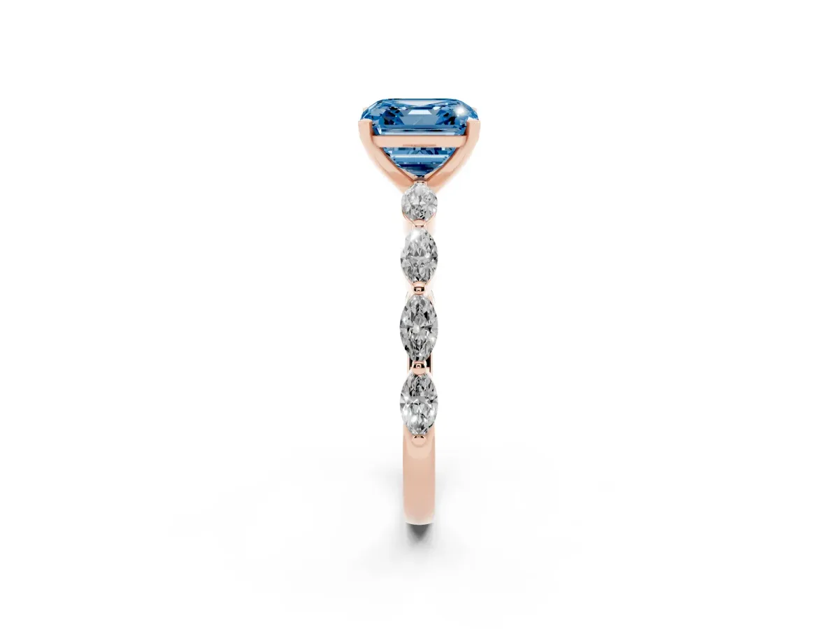 Fancy Blue Asscher Cut Diamond Ring with Marquise Side Stones and Prong Setting Rose gold