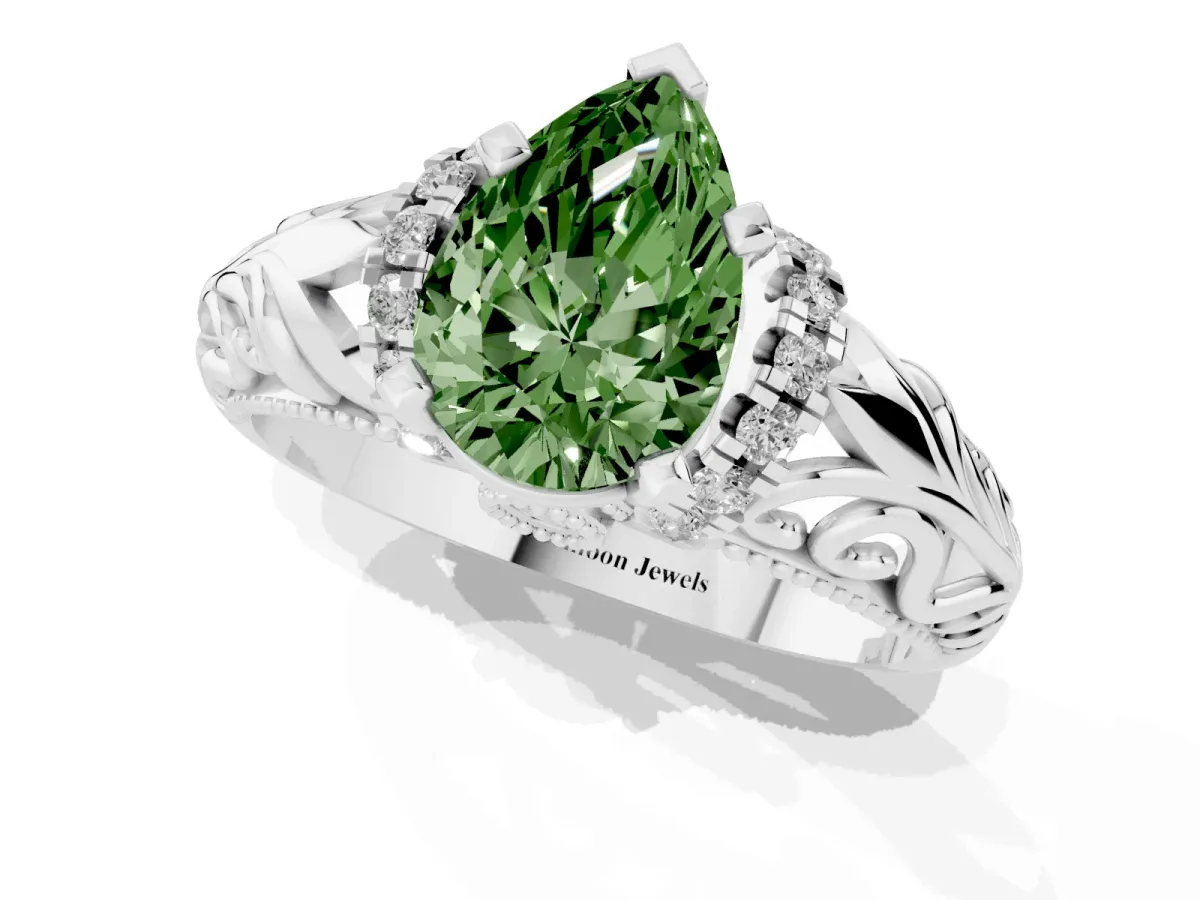 Fancy Green Pear Cut Solitaire Filigree Engagement Ring with Halo and Prong Setting Silver
