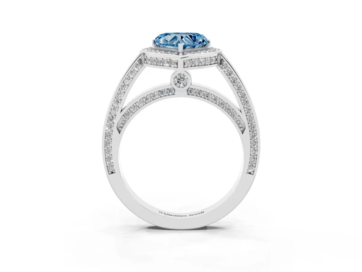 Fancy Blue Heart Cut Cut Halo Pave Split Shank Prong Setting Ring Silver