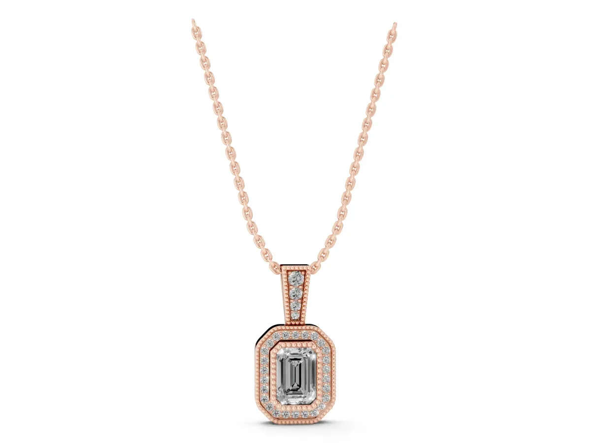 Emerald Cut Halo Diamond Pendant with Pavé Setting Rose gold