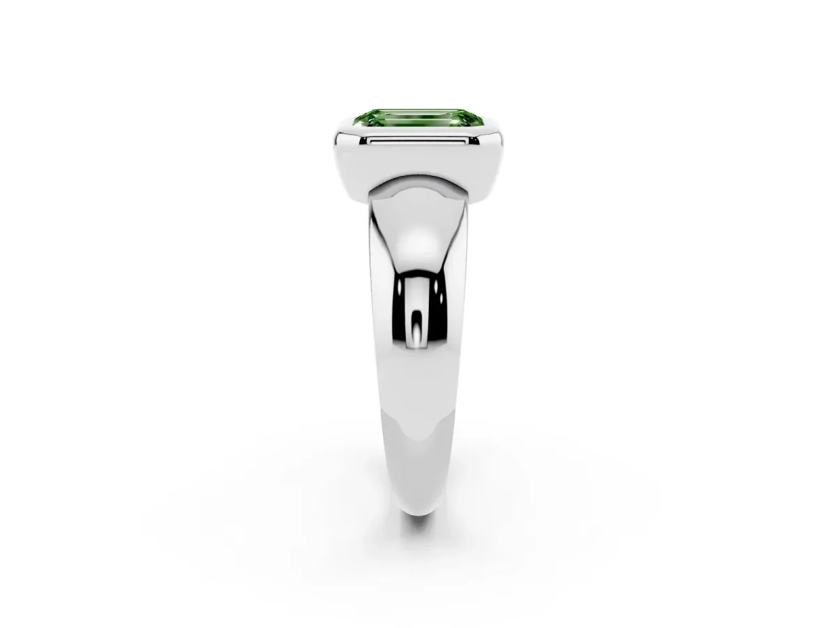 Fancy Green Bezel Set Emerald Cut Solitaire Ring with Wide Band Platinum
