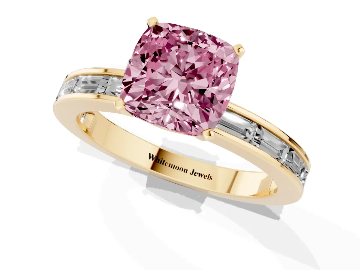 Fancy Pink Cushion Cut Solitaire Diamond Ring with Channel-Set Baguette Band and Four-Prong Setting Yellow gold