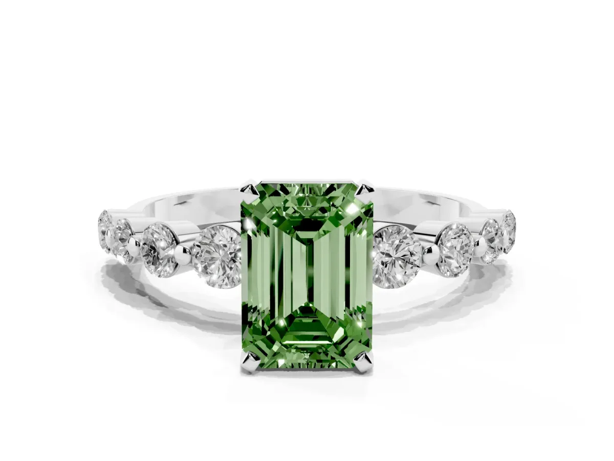 Fancy Green Emerald Cut Solitaire Diamond Ring with Pave Band and Four-Prong Setting Silver
