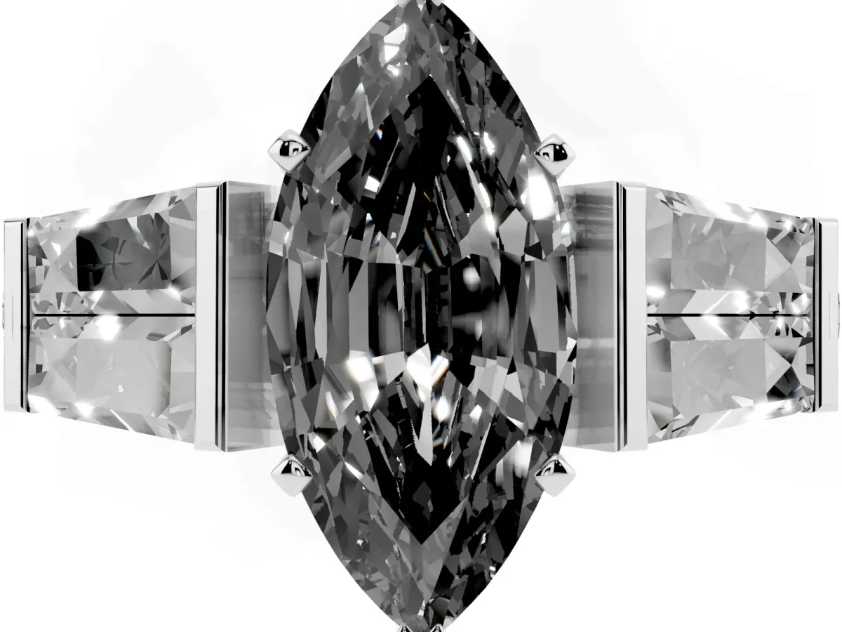 Fancy Black Marquise Cut Diamond Engagement Ring with Baguette Side Stones and Channel Set Band Silver