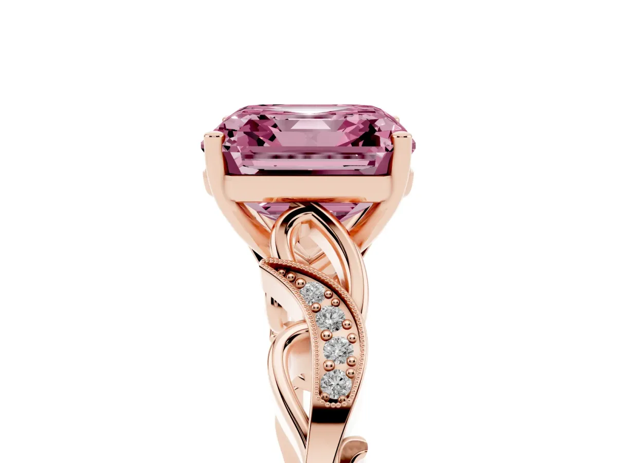 Fancy Pink Asscher Cut Solitaire Vine Band with Milgrain Prong Setting Rose gold