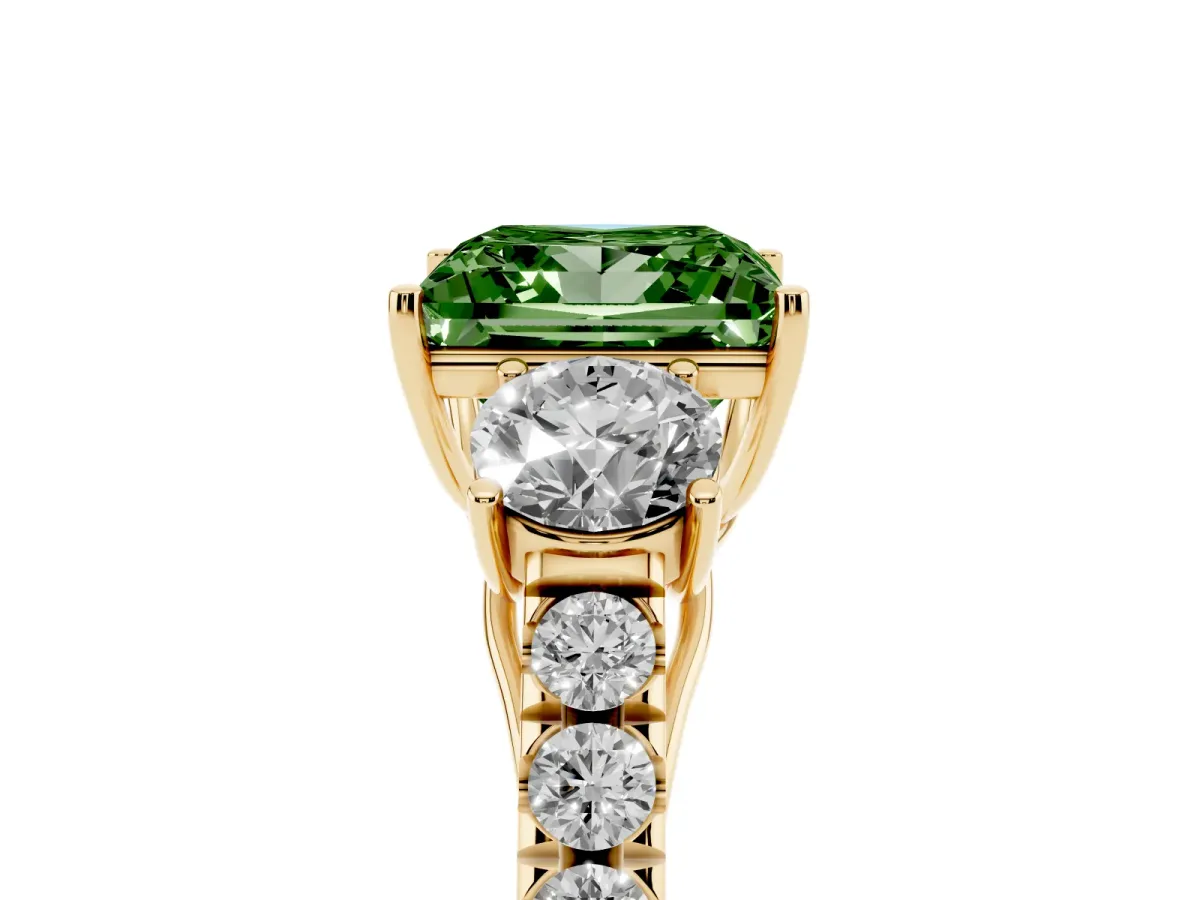 Fancy Green Princess Cut Cut Diamond Three-Stone Ring with Round Side Stones and Pavé Band Yellow gold