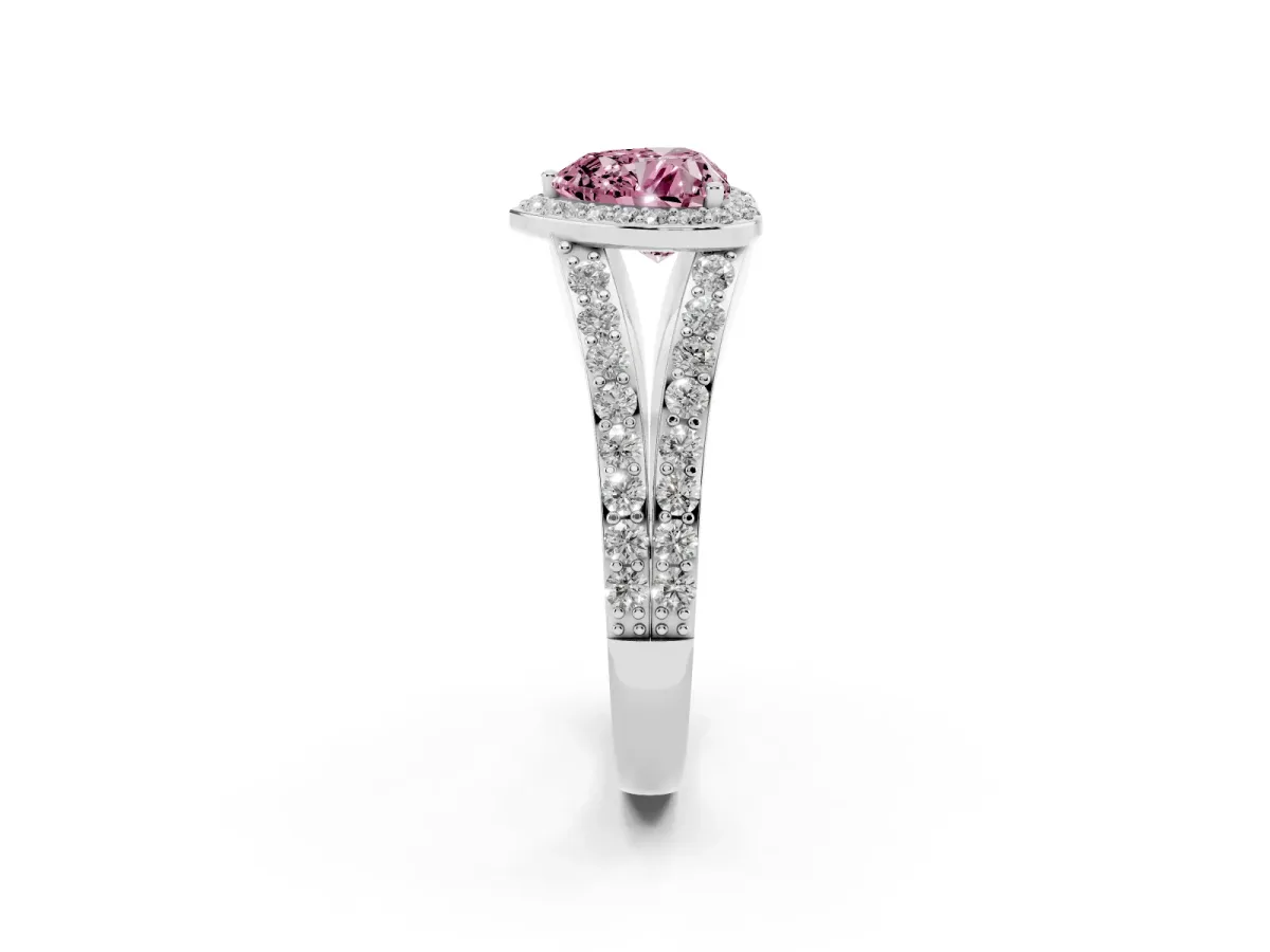 Fancy Pink Heart Cut Diamond Split Shank Halo Ring with Four-Prong Setting Platinum