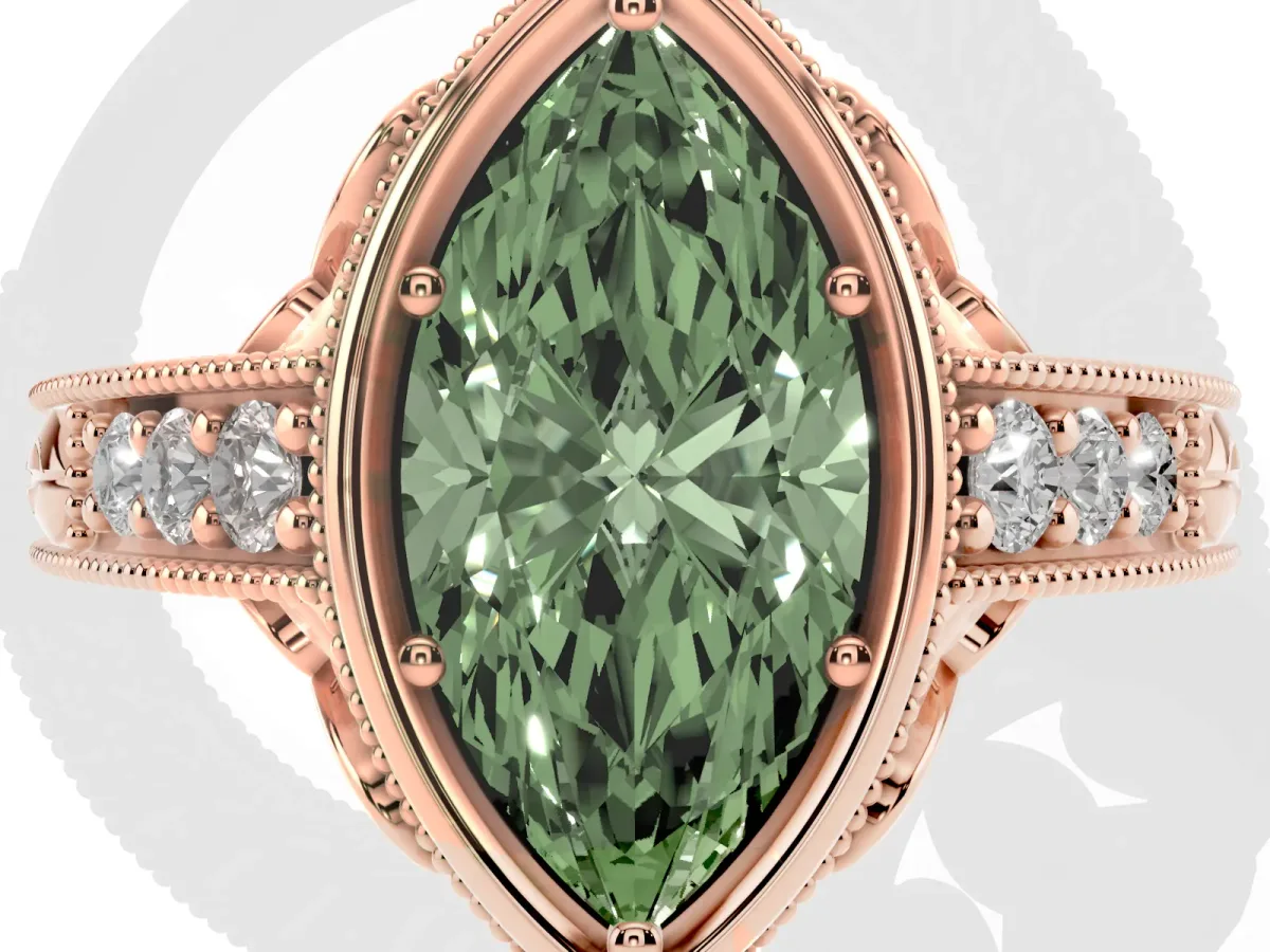 Fancy Green Bezel Set Marquise Cut Diamond Milgrain Pave Engagement Ring Rose gold