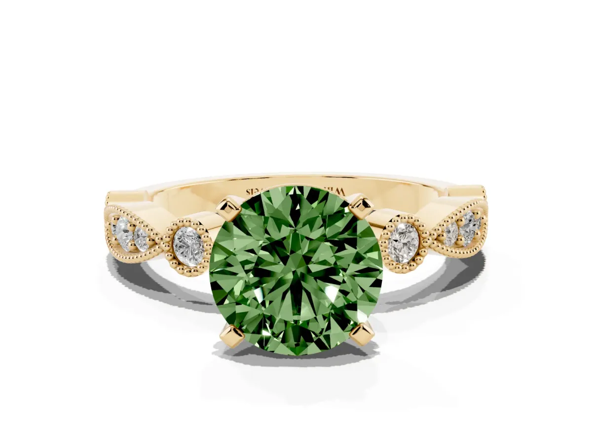 Fancy Green Round Cut Milgrain Bezel Diamond Engagement Ring with Solitaire Prong Setting Yellow gold