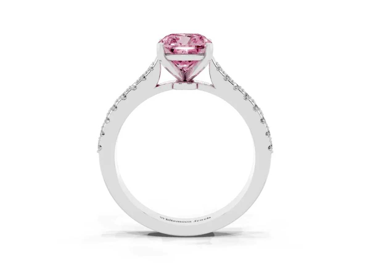 Fancy Pink Cushion Cut Cut Solitaire Diamond Engagement Ring with Pave Band and Four-Prong Setting White gold