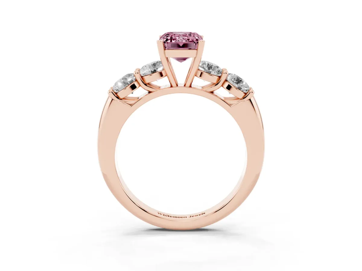Fancy Pink Emerald Cut Cut Five-Stone Prong Set Diamond Ring with Classic Band Rose gold