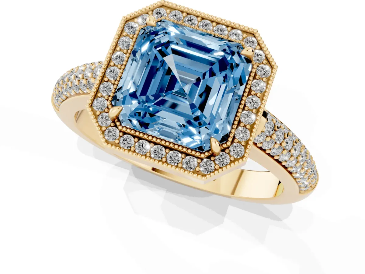 Fancy Blue Asscher Cut Cut Halo Diamond Pave Band with Four-Prong Setting Yellow gold