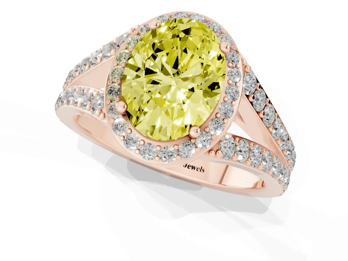 Fancy Yellow Oval Cut Diamond Split Shank Halo Ring with Four-Prong Setting Rose gold
