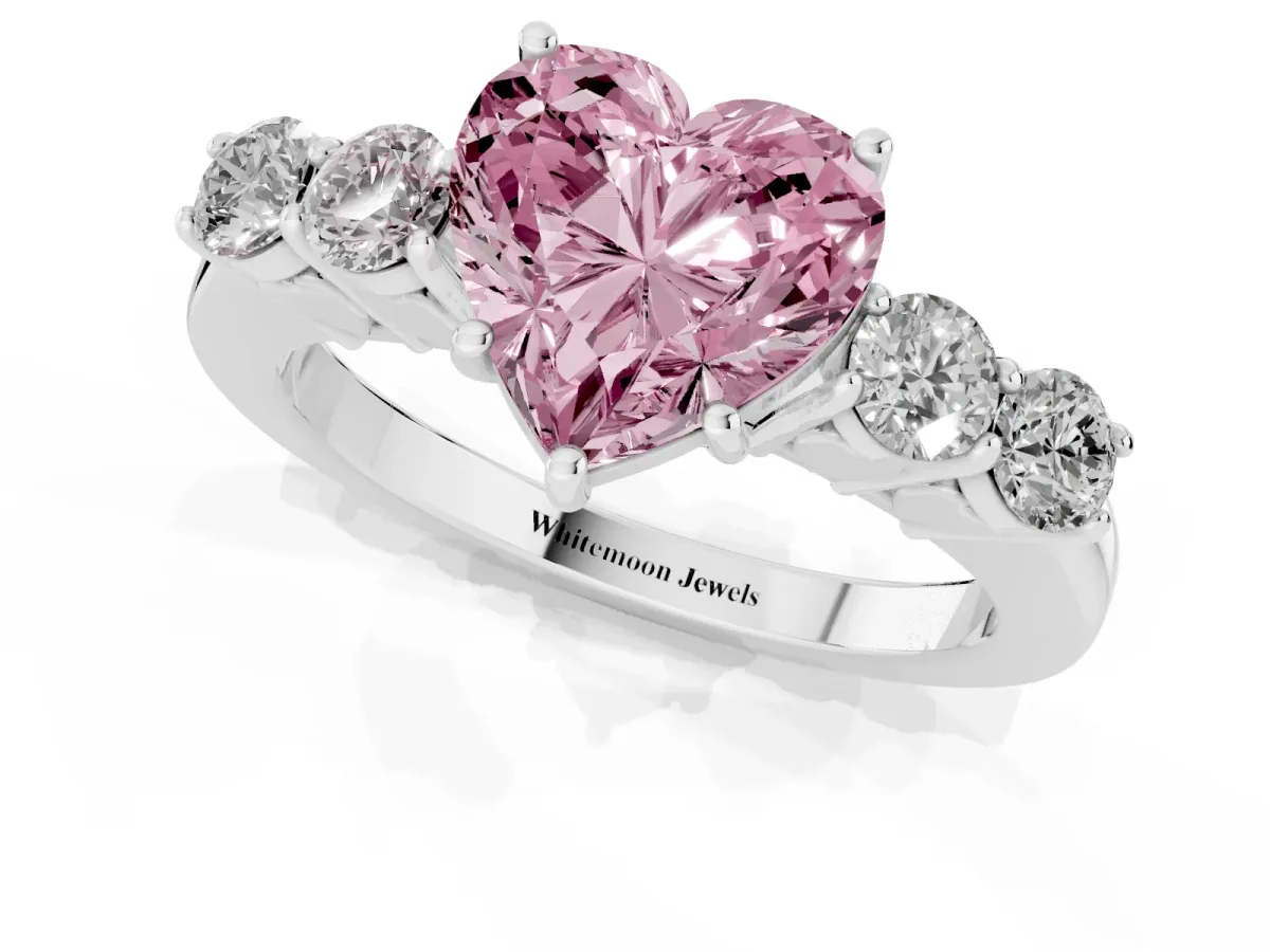 Fancy Pink Heart Cut Cut Diamond Five-Stone Prong Set White Gold Ring Silver