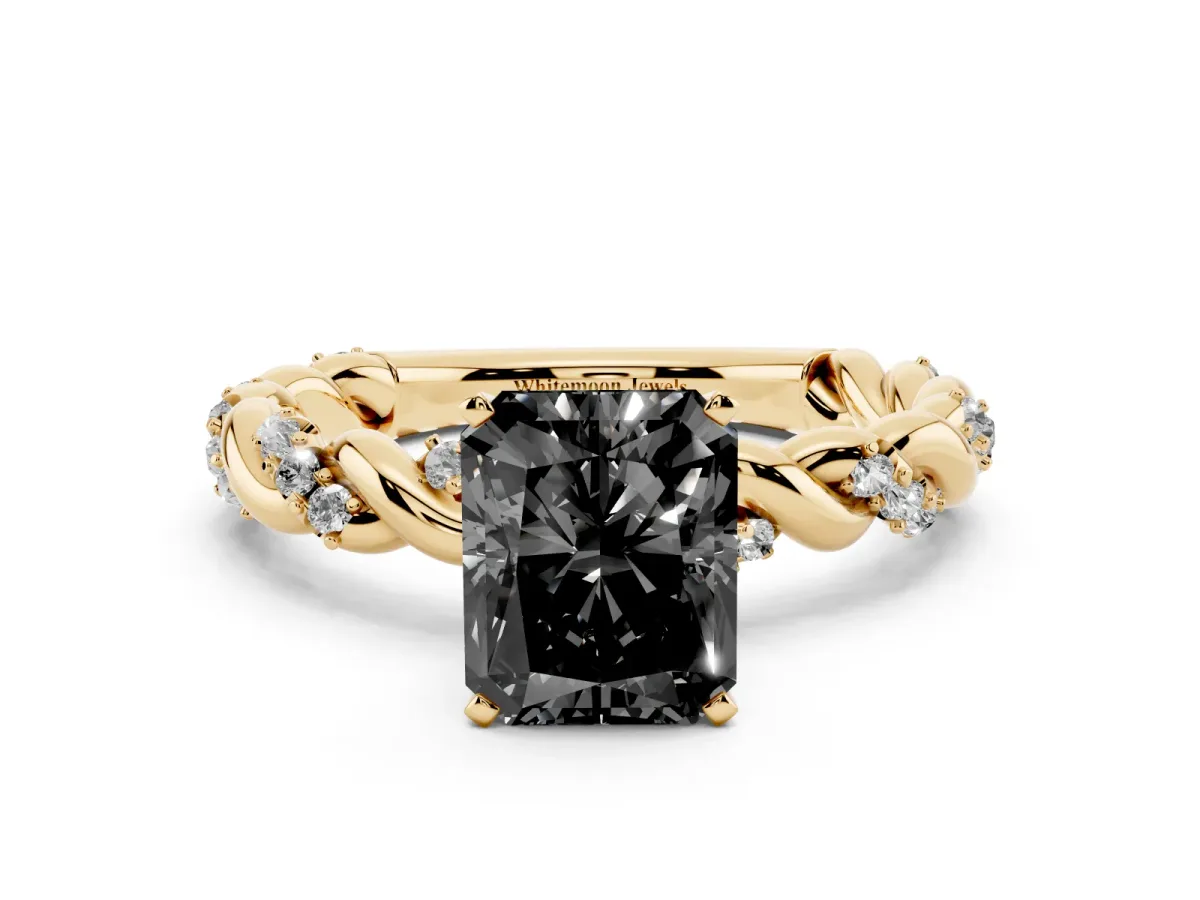 Fancy Black Radiant Cut Diamond Solitaire Ring with Twisted Band and Pavé Accents Yellow gold