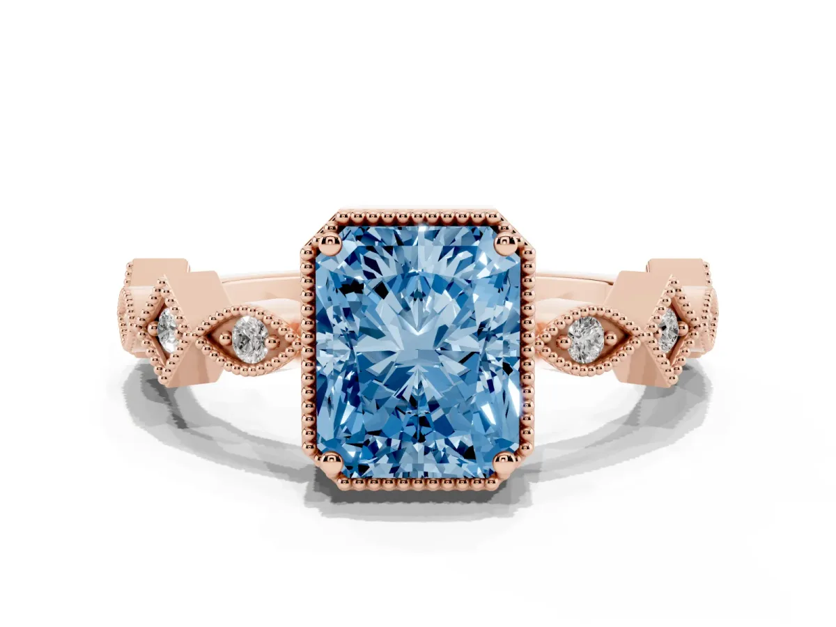 Fancy Blue Radiant Cut Milgrain Marquise Diamond Twist Band Ring Rose gold