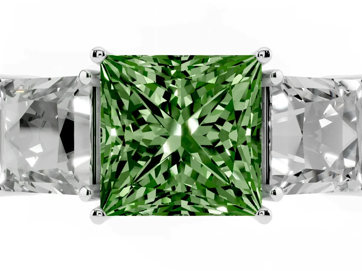 Fancy Green Three-Stone Princess Cut Cut Milgrain Pavé Engagement Ring Silver