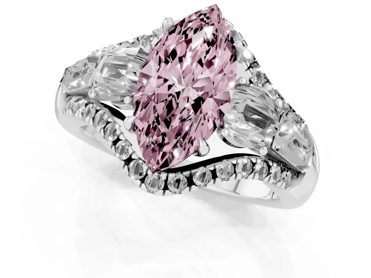 Fancy Pink Three-Stone Marquise Cut Diamond Engagement Ring with Pave Band and Prong Setting Silver