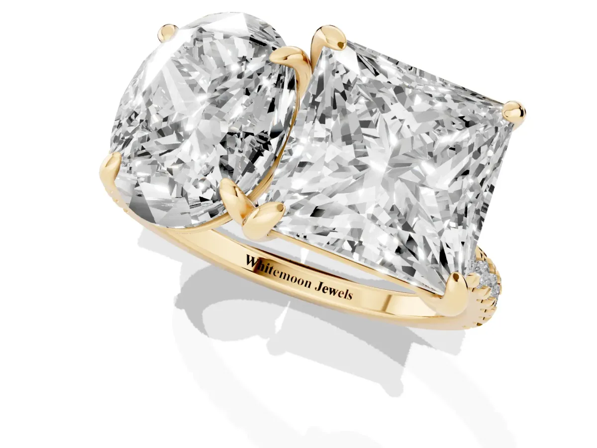 Oval and Princess Toi Moi Ring with Prong Setting and Micro Pave Band Yellow gold