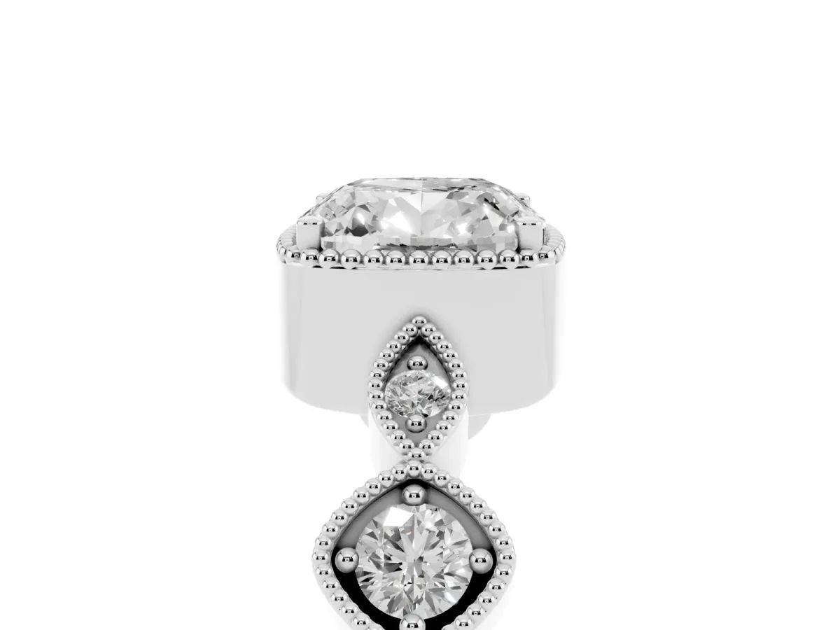 Cushion Cut Diamond Vintage Milgrain Ring with Round Stations Platinum