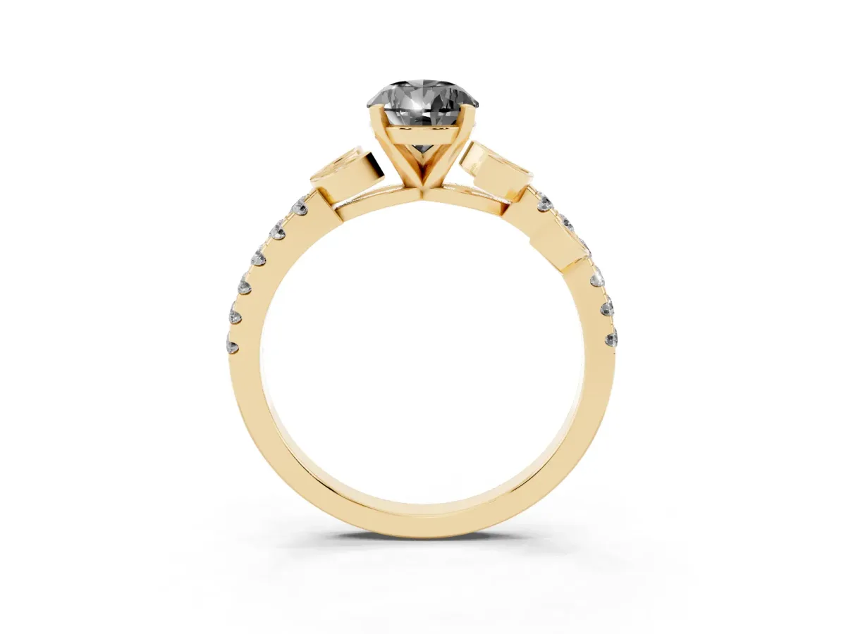 Fancy Black Pear Cut Solitaire Leaf-Inspired Diamond Ring with Pavé Band and Four-Prong Setting Yellow gold
