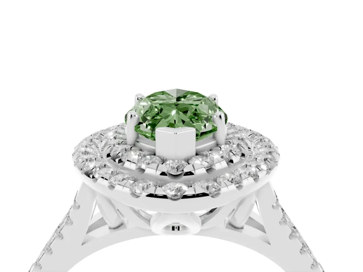 Fancy Green Double Halo Marquise Cut Diamond Pavé Split Shank Ring with Prong Setting Platinum